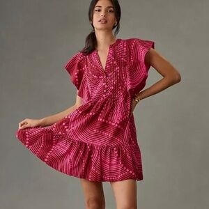 Anthropologie Maeve Cassandra Ruffle Pink Flutter Sleeve Cotton Mini-Dress M